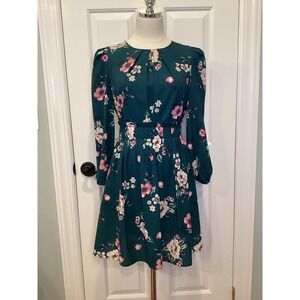 Eliza J Womens Green Floral Print Pleated Long Sleeve Mini Dress S-8 Petite NEW